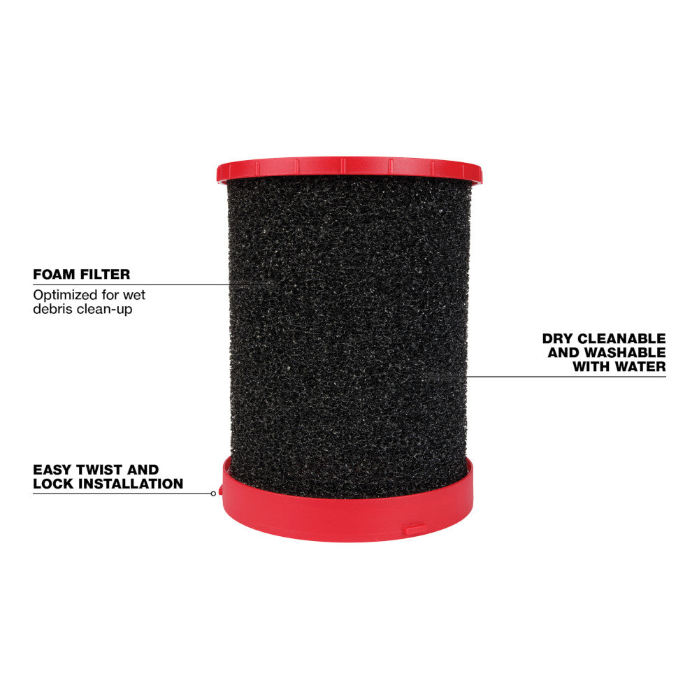 Cylindrical foam wet filter with red plastic top and base, textured black foam material throughout.