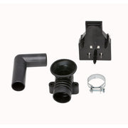 Black plastic drain replacement kit components including elbow pipe, drain body, mounting bracket, and metal clamp.