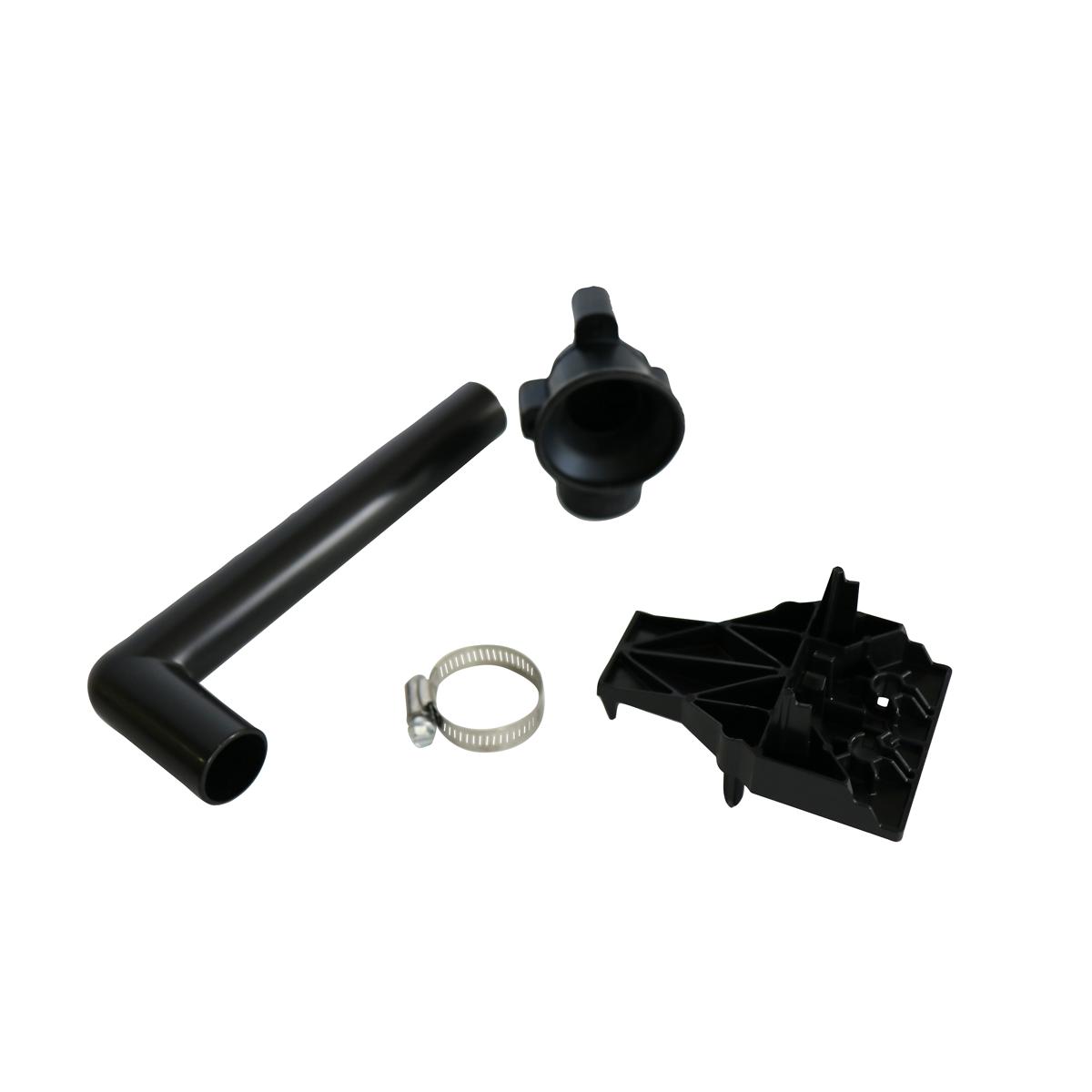 Black plastic drain components including elbow pipe, connector, hose clamp, and basin assembly parts.