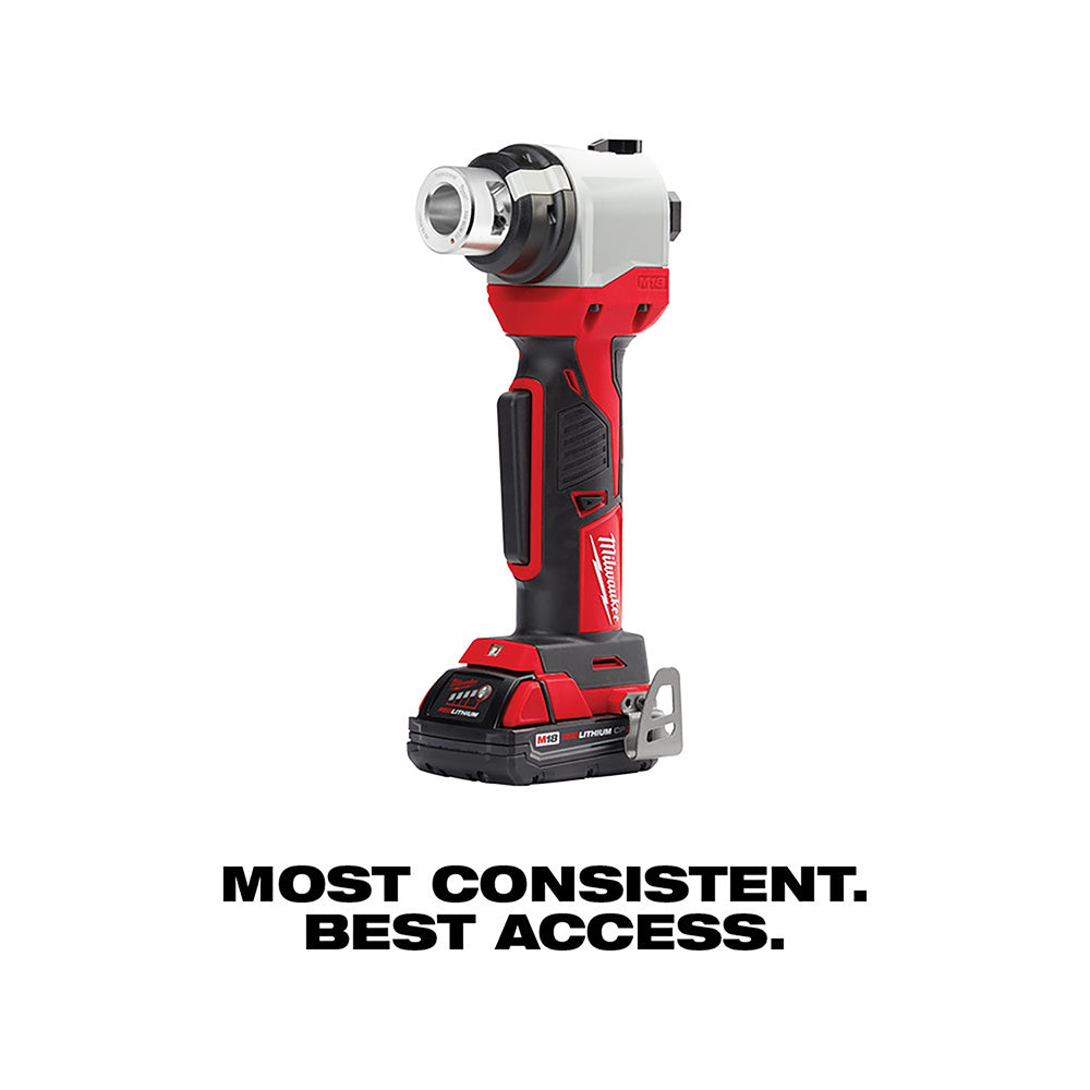 Milwaukee M18 cordless cable stripper with red and black body, cylindrical cutting head, and rechargeable battery pack.