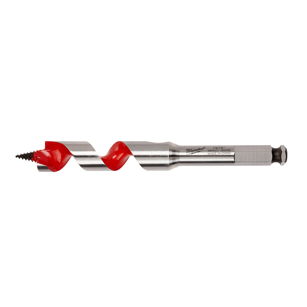 Milwaukee ship auger bit with red cutting flutes, metal shaft, and screw point tip.