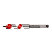 Milwaukee ship auger bit with red cutting flutes, metal shaft, and screw point tip.