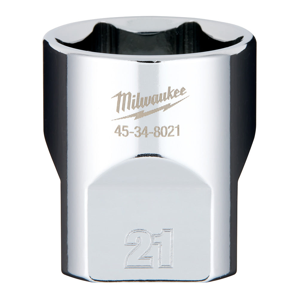 Milwaukee 3/8" drive 21mm socket with polished chrome finish and model number 45-34-8021 engraved on surface.