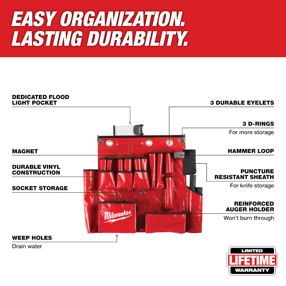 Red vinyl tool apron with multiple pockets, D-rings, eyelets, hammer loop, and magnet for holding tools and accessories.
