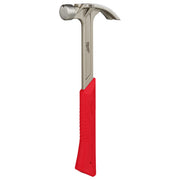 16oz claw hammer with polished steel head, curved claw, and red rubber grip handle.