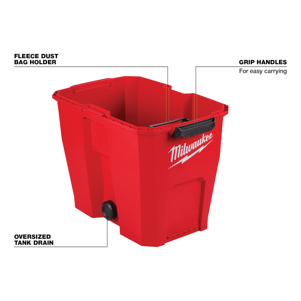 Red plastic wet/dry vacuum tank with grip handles, fleece dust bag holder, and oversized drain valve.