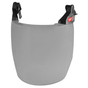 Gray full face shield with black mounting brackets and dual coat lens for helmet attachment.