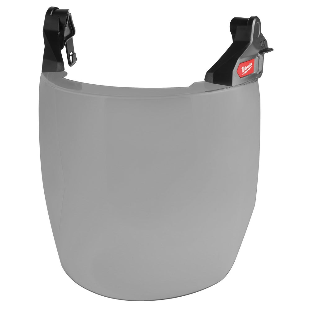Gray full face shield with black mounting brackets and dual coat lens for helmet attachment.