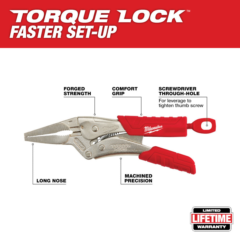 Milwaukee 6-inch long nose locking pliers with red comfort grip handles and screwdriver through-hole.