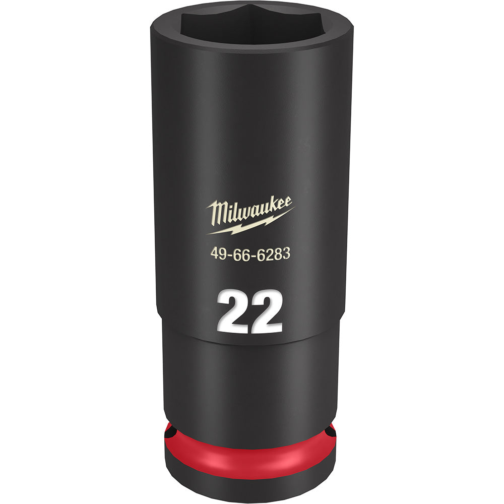 Black Milwaukee deep socket with 22MM size marking, hexagonal opening, and red grip ring at base.