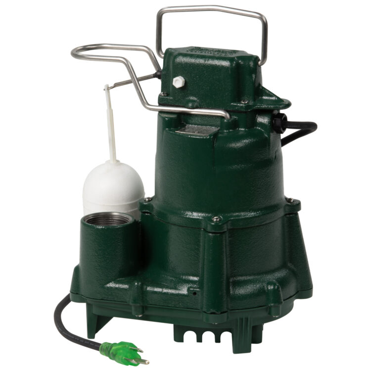 Green cast iron submersible sump pump with white float switch and attached power cord.