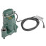 Cast iron submersible pump with attached cord and black power cable on white background.