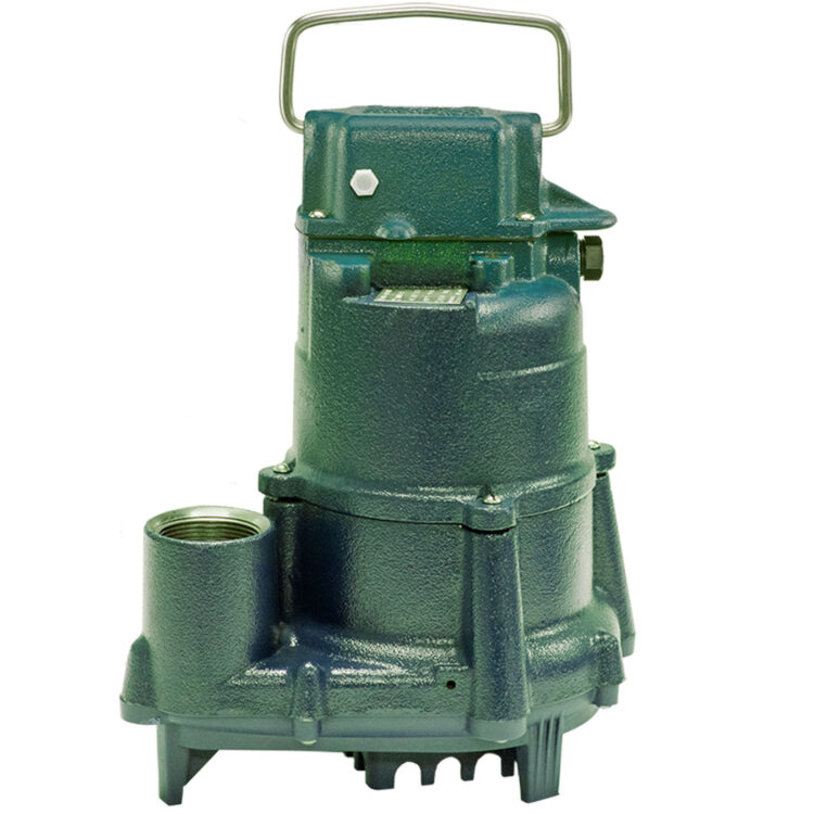 Green cast iron submersible pump with carrying handle, outlet port, and intake slots at base.