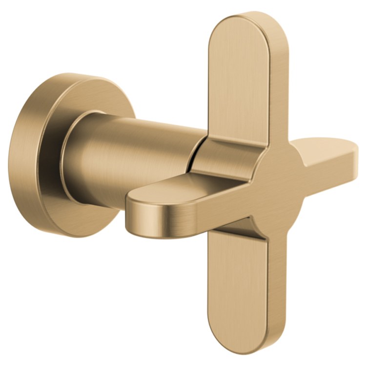 Champagne bronze volume control valve with cross handle and round escutcheon plate.