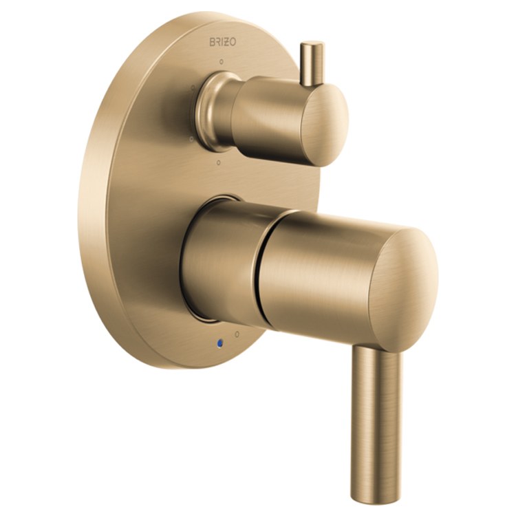 Brushed gold pressure balance valve trim with two cylindrical control knobs and circular backplate.
