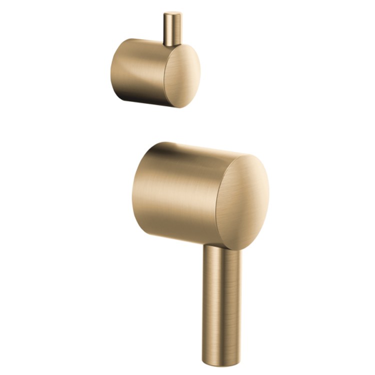 Two cylindrical brass lever handles with vertical stems, one smaller at top and one larger below.