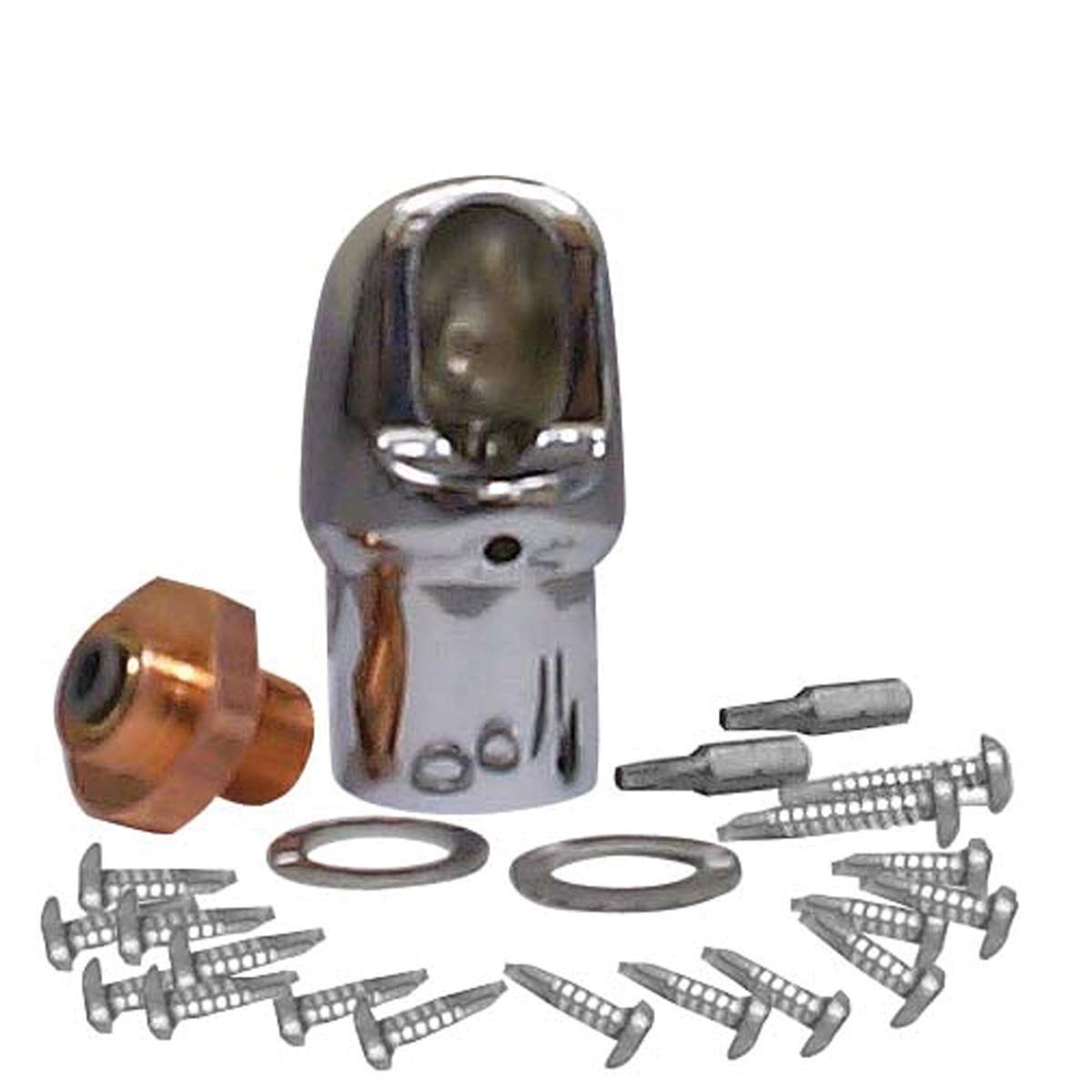 Vandal-resistant water fountain kit with chrome spout, copper fitting, gaskets, anchors, and mounting screws.