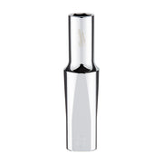 Chrome deep socket with 6-point hexagonal opening and 3/8 inch drive, marked with Milwaukee branding.