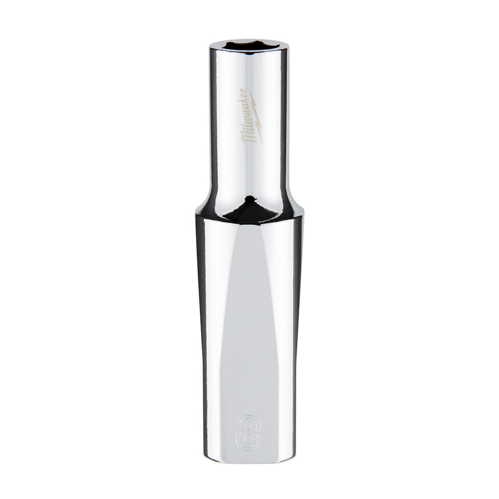 Chrome deep socket with 6-point hexagonal opening and 3/8 inch drive, marked with Milwaukee branding.
