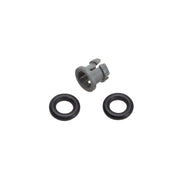 Metal press-in fitting with two black rubber O-rings on white background.