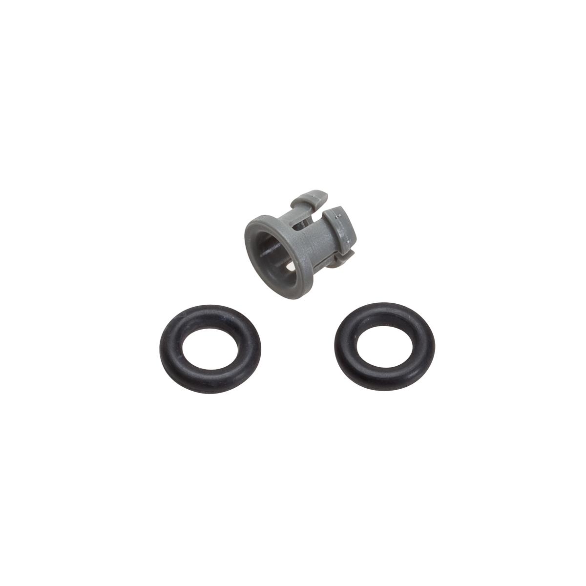 Metal press-in fitting with two black rubber O-rings on white background.