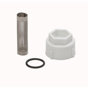 Cylindrical mesh screen, white hexagonal solenoid cap, and black rubber o-ring isolated on white background.