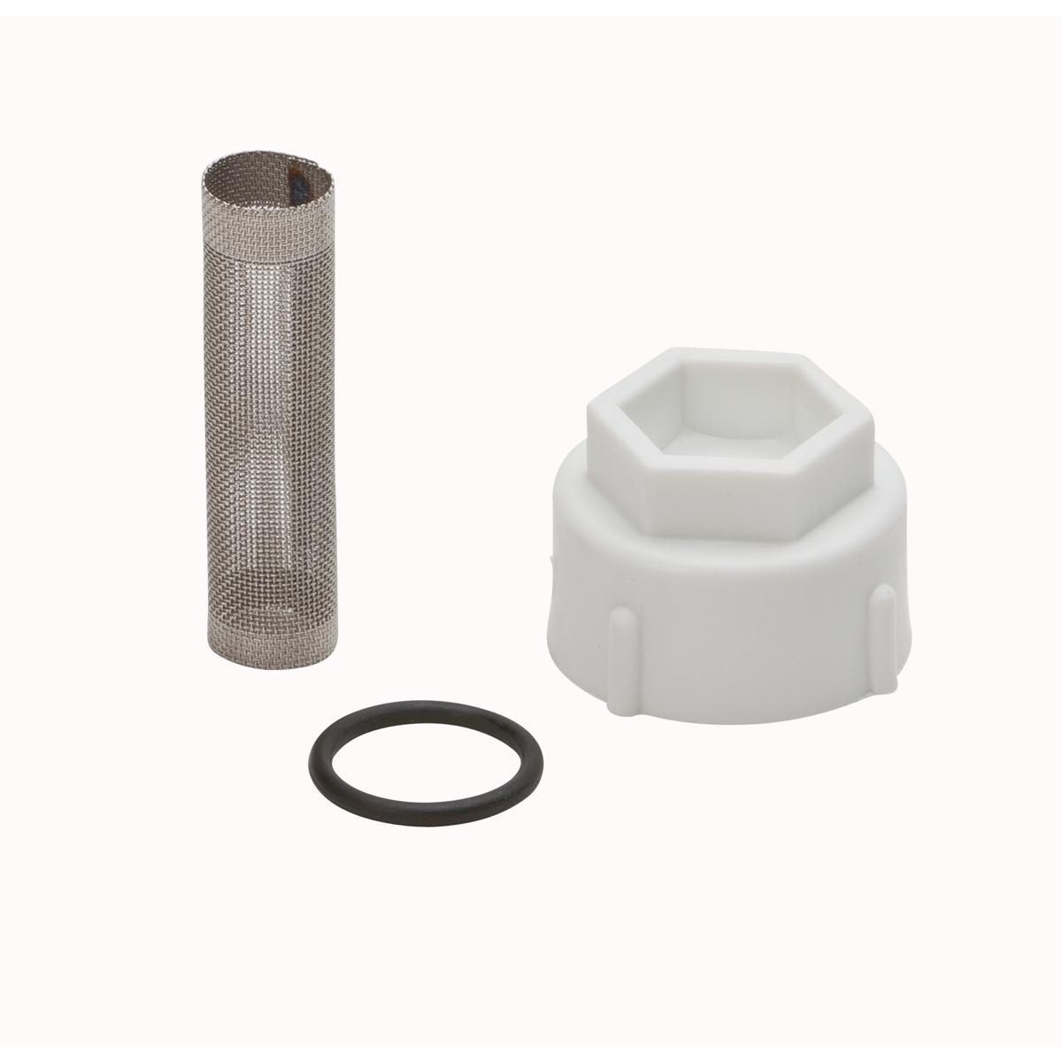 Cylindrical mesh screen, white hexagonal solenoid cap, and black rubber o-ring isolated on white background.