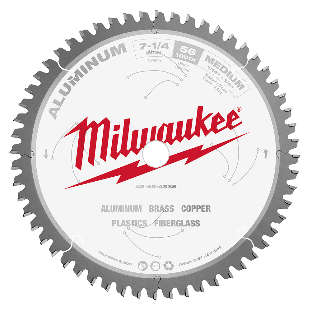 Milwaukee 7-1/4 inch circular saw blade with 56 teeth for aluminum cutting, gray and white design with red logo.