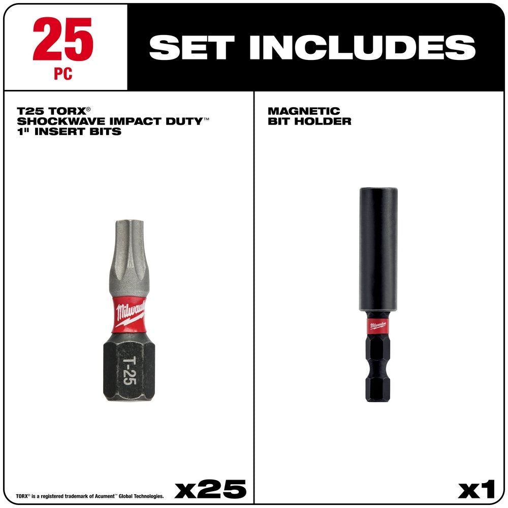 Twenty-five T25 Torx impact duty insert bits and one black magnetic bit holder with red Milwaukee branding.