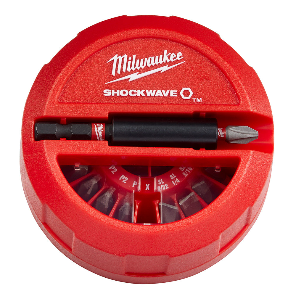 Red Milwaukee Shockwave circular puck containing 22 assorted insert bits and a magnetic bit holder with black grip.