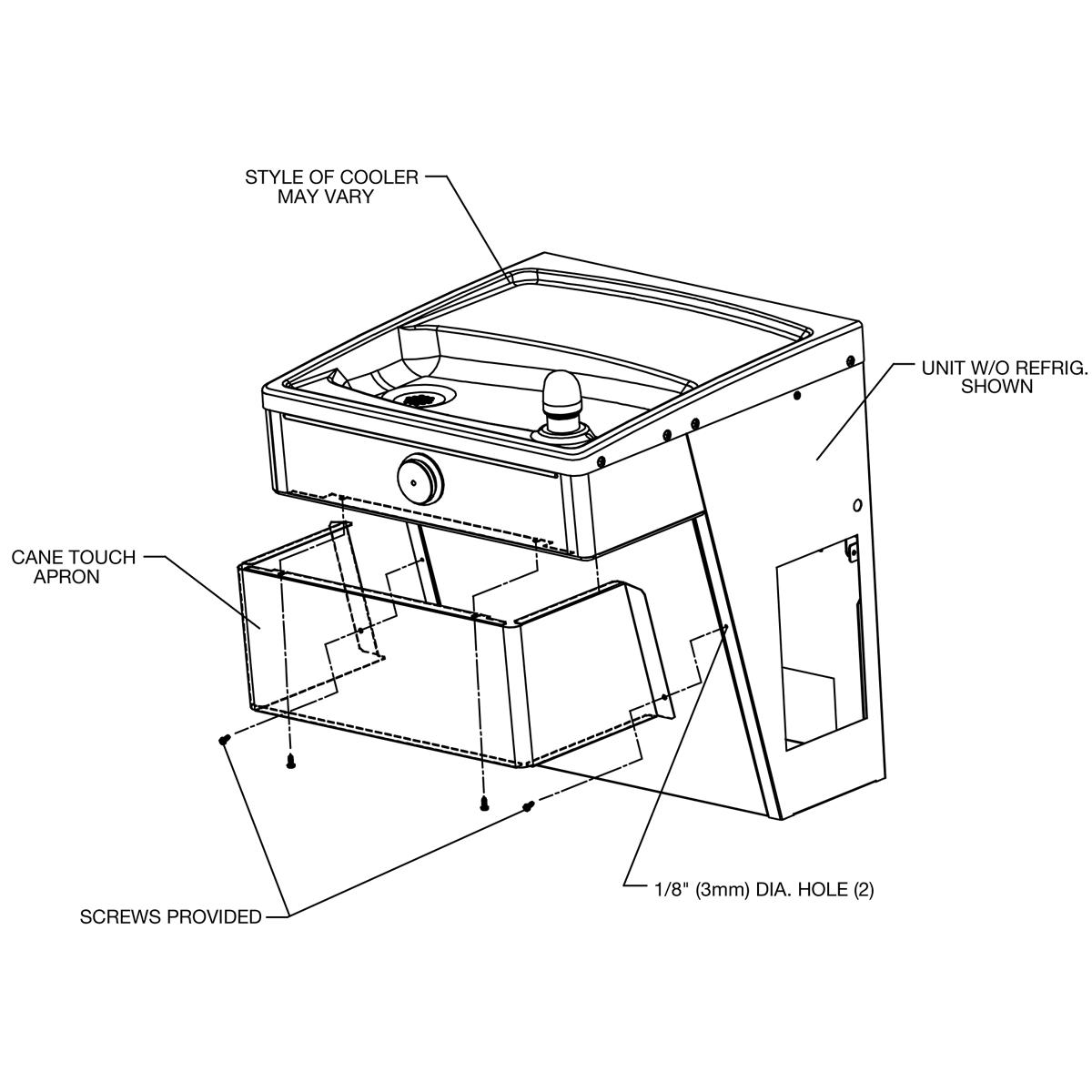 Stainless steel cane touch apron attachment for Elkay water cooler models, shown installed below cooler basin.