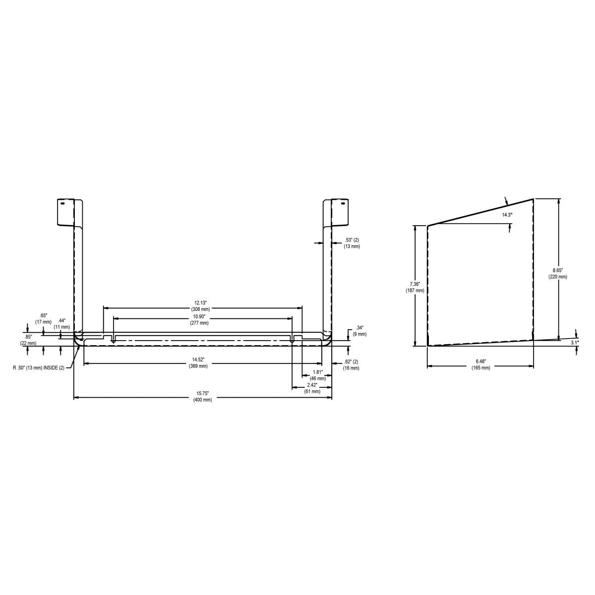 Technical drawings showing top and side views of gray granite cane apron with dimension specifications.