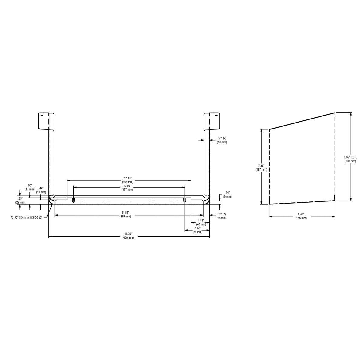 Stainless steel cane apron with technical dimensions and mounting specifications for Elkay fountain models.