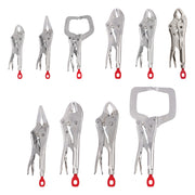 Ten metal locking pliers in various styles with red handles, arranged in two rows.