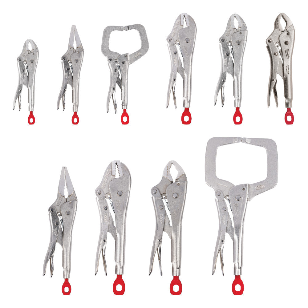Ten metal locking pliers in various styles with red handles, arranged in two rows.