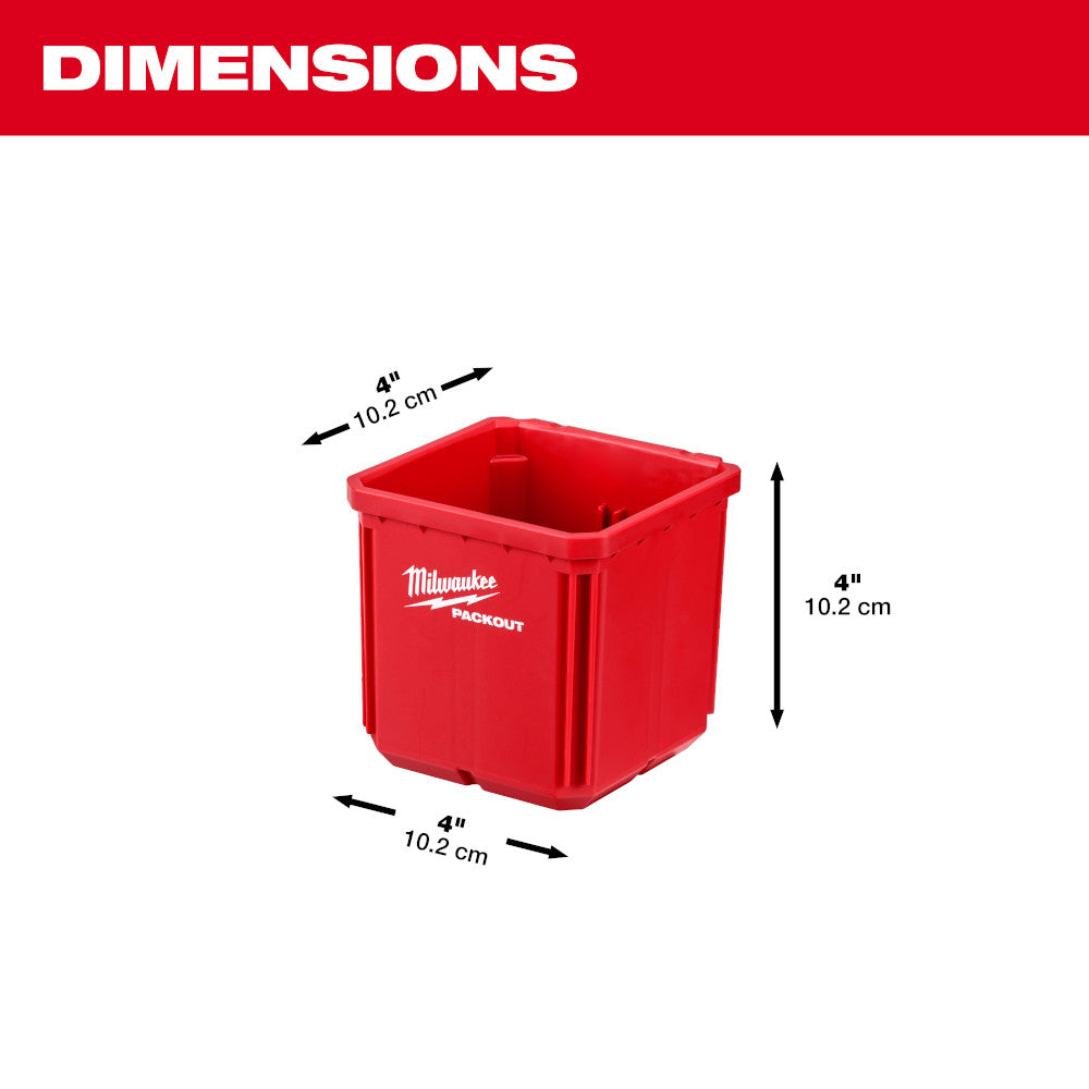 Red Milwaukee PACKOUT storage bin with dimensions of 4 inches width, depth, and height.