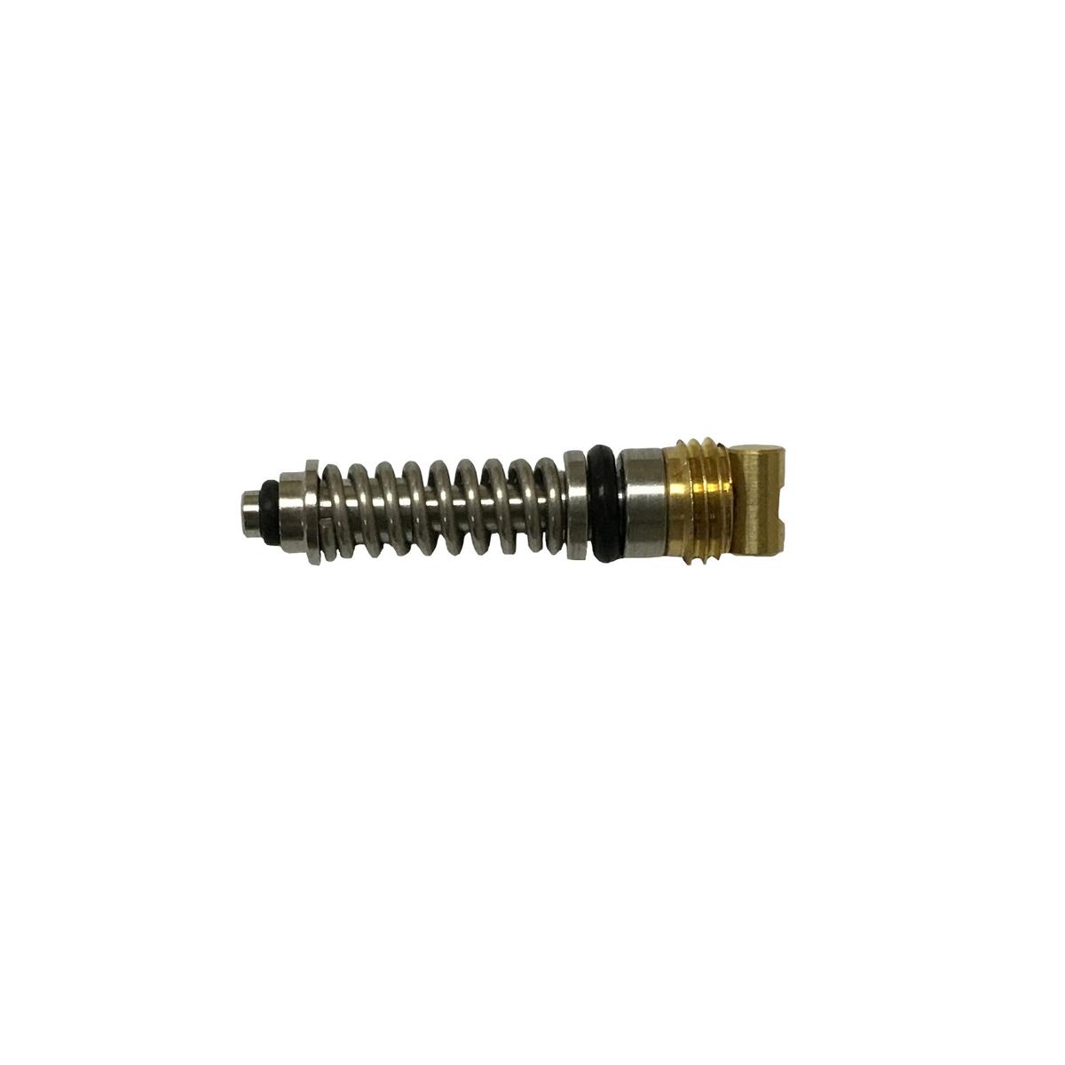 Metal valve stem assembly with coiled spring, black rubber seal, and brass threaded connector.