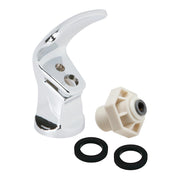 White double bubbler fountain head with chrome spout, cream cartridge assembly, and two black rubber gaskets.