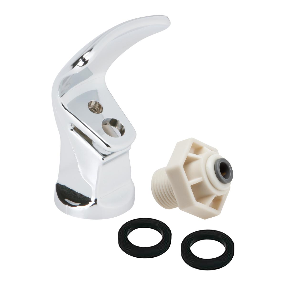White double bubbler fountain head with chrome spout, cream cartridge assembly, and two black rubber gaskets.
