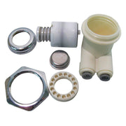 Elkay push button assembly kit containing metal rings, white cylindrical valve body, metal button cap, perforated washer ring