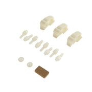 Elkay push bar service kit components including plastic brackets, connectors, screws, and cork pad.