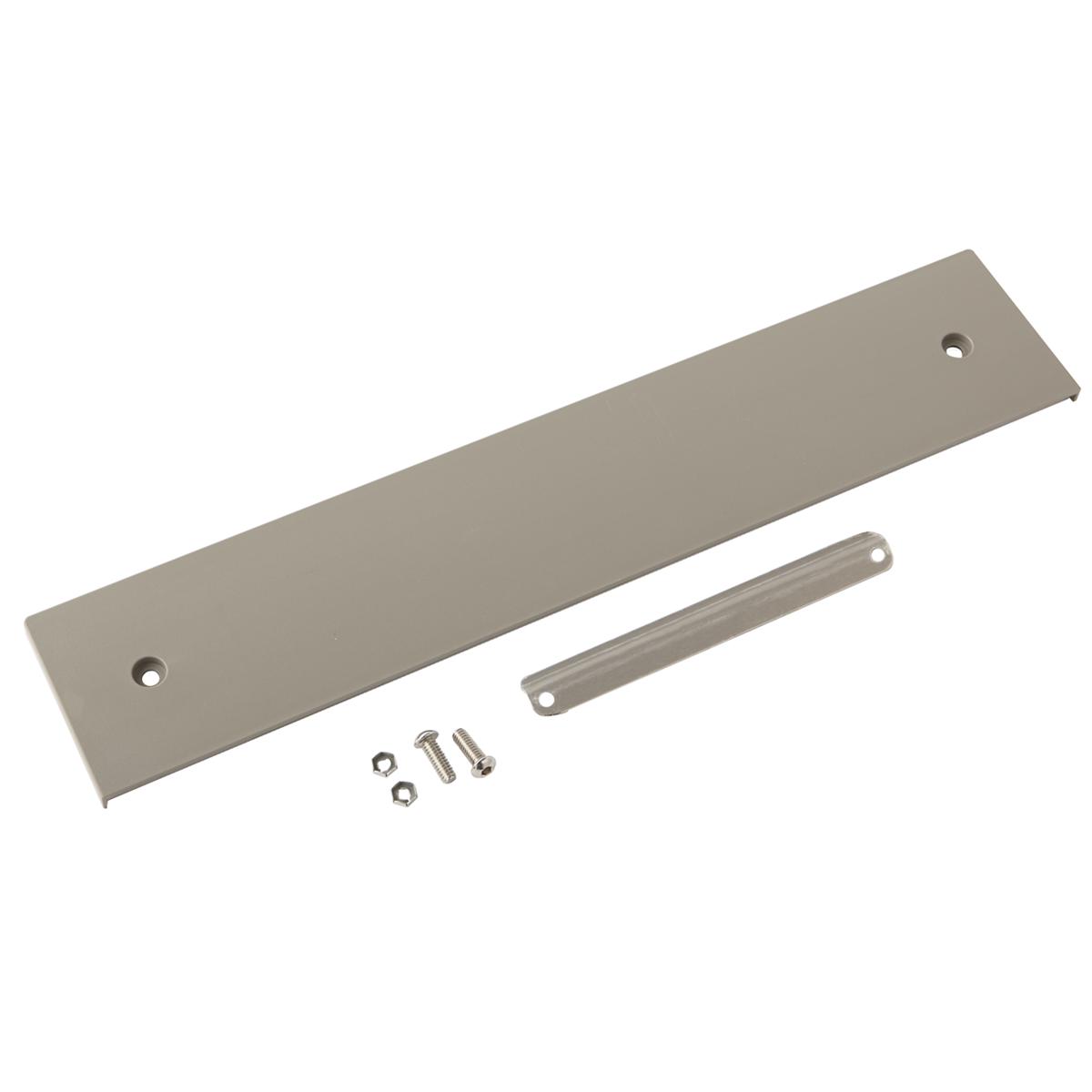 Elkay top cover assembly kit with gray rectangular plate, metal bracket, and mounting hardware including bolts and nuts.