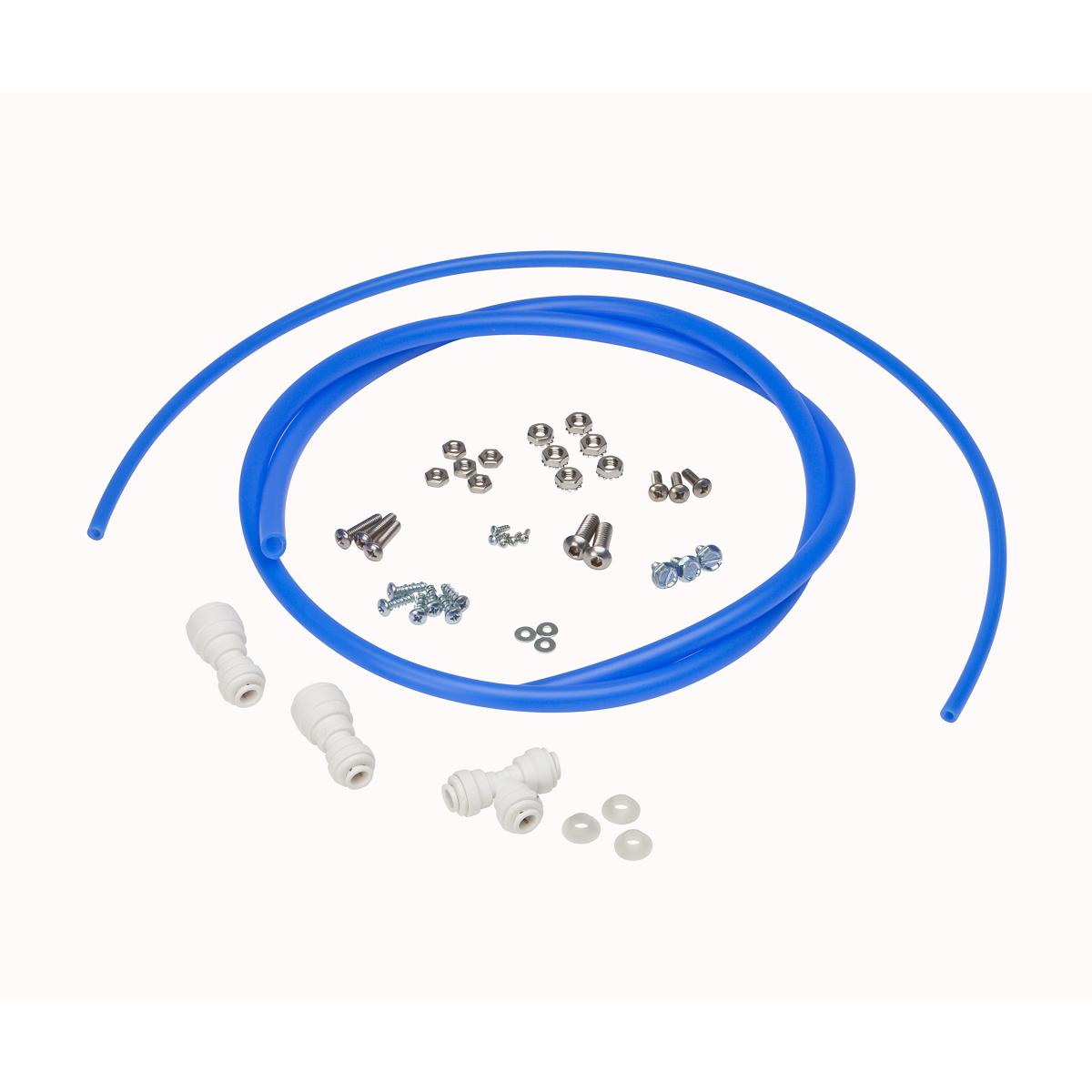 Blue tubing, white plastic connectors, and assorted metal screws, nuts, and washers for bottle filler installation.
