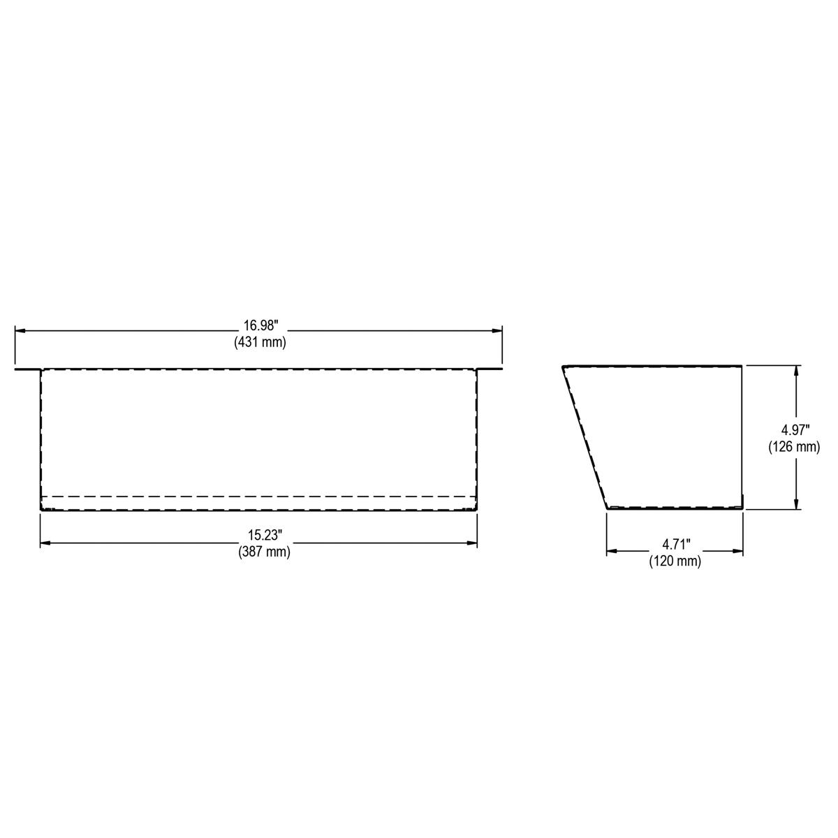 Technical drawing showing top and side views of a stainless steel rectangular mounting cover with dimensions labeled in inche
