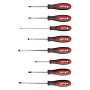 Eight Milwaukee screwdrivers with red and black handles arranged vertically, featuring square and Phillips tip variations.