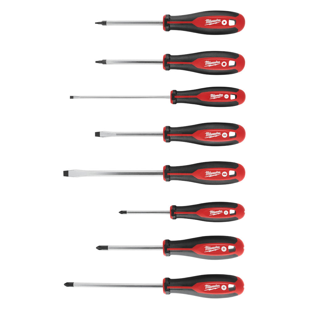 Eight Milwaukee screwdrivers with red and black handles arranged vertically, featuring square and Phillips tip variations.