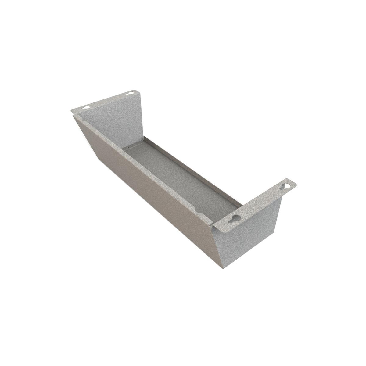 Platinum vinyl filter mounting cover with angled sides and mounting brackets for water fountain systems.
