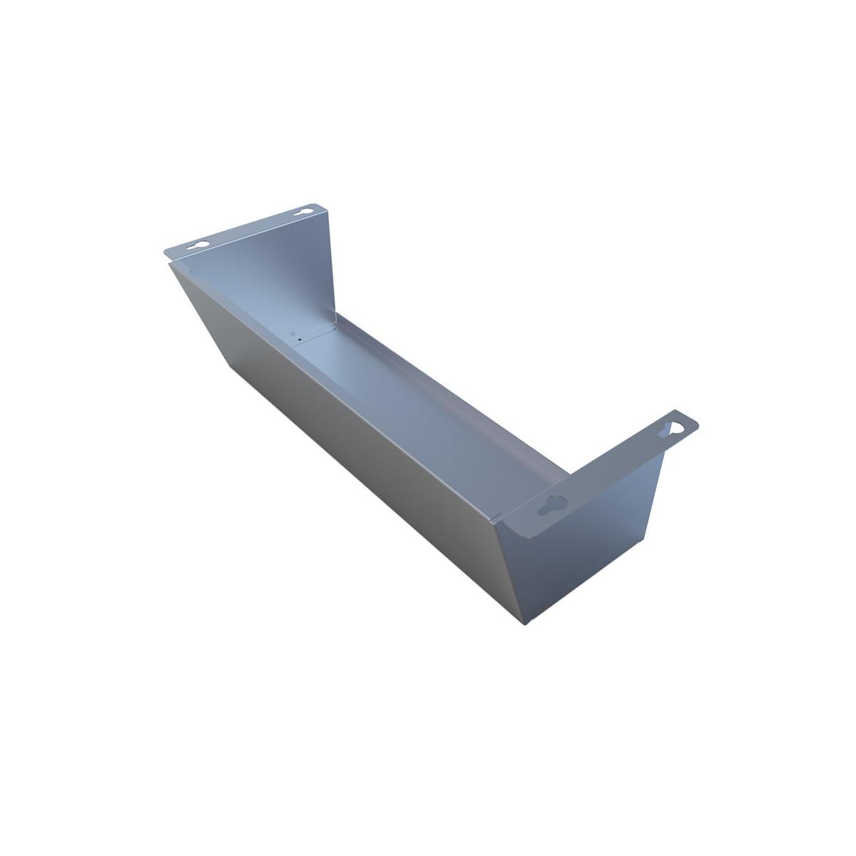 Stainless steel filter mounting cover with angled top panel and mounting holes.