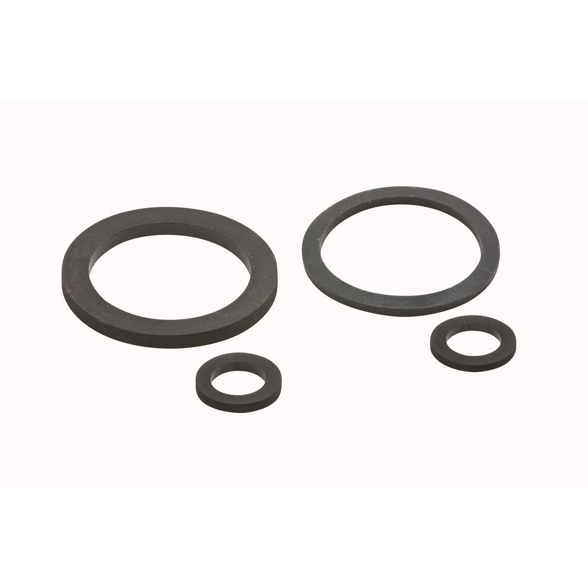 Four black rubber gasket rings in varying sizes arranged on white background.