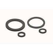 Four black rubber gasket rings in varying sizes arranged on white background.